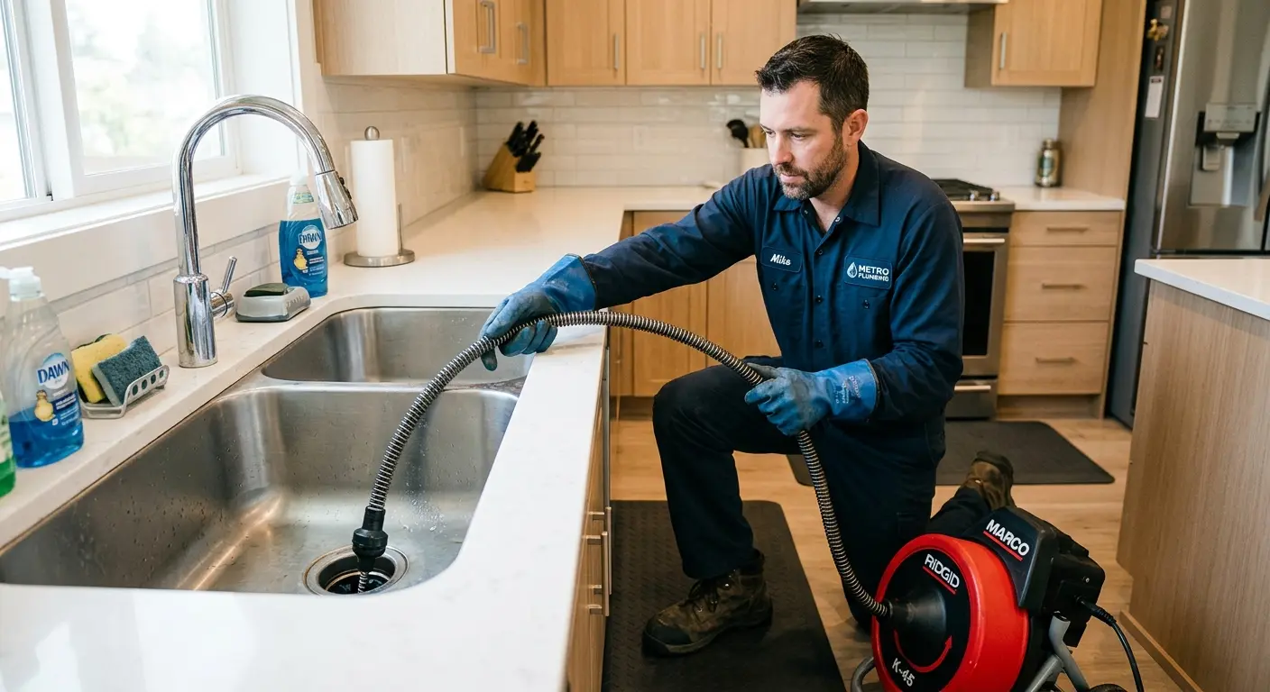 Drain cleaning technician using a motorized snake on a kitchen sink in Kirkland