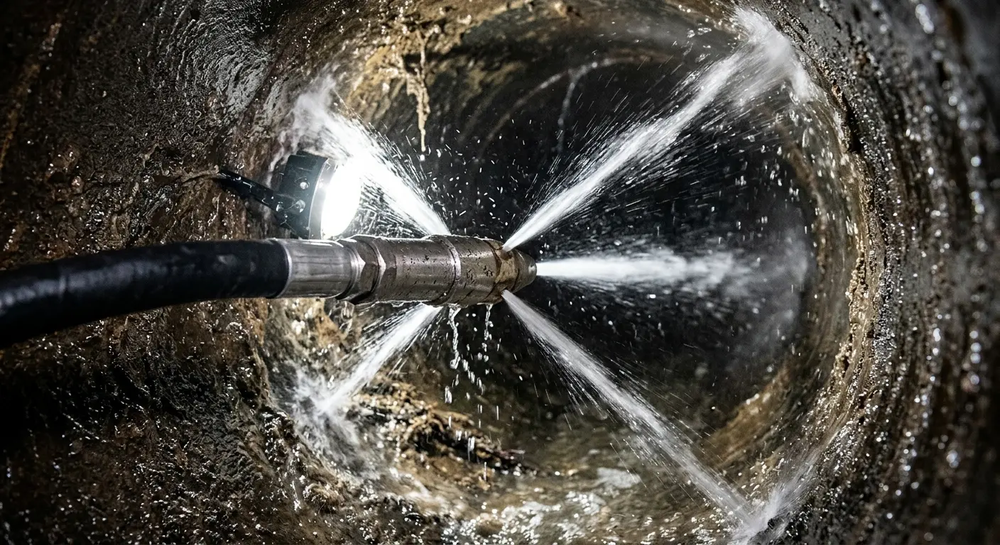 High-pressure hydro jetting nozzle cleaning sewer pipe for Emergency Drain Service in Kirkland