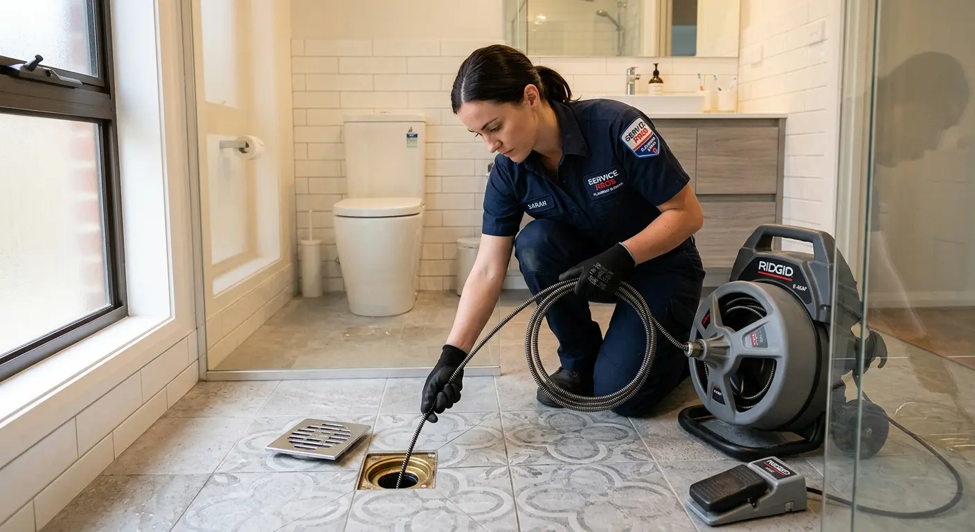 Technician clearing a bathroom floor drain for Sewer Line Replacement in Kirkland